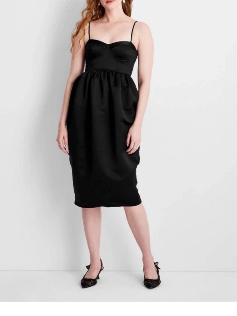 NWT Future Collective women's Black sweetheart bubble satin midi dress Sz L